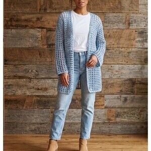 BloomChic Blue Open Weave Crochet Cardigan 12 Coastal Boho Lightweight Knit NEW